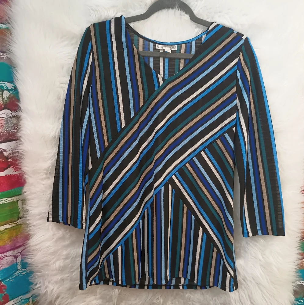 Dana Buchman Blue Green Black White and Tan Striped Long Sleeve V Neck Top L - Picture 1 of 8
